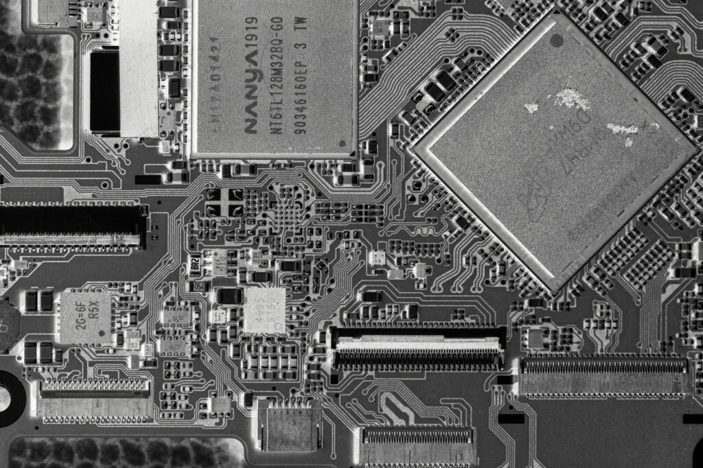Close-up of a complex electronic circuit board with many components